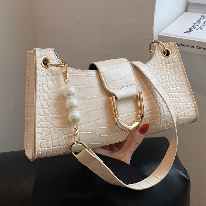 

Solid Croc Embossed Faux Pearl Decor Shoulder Bag, Beige