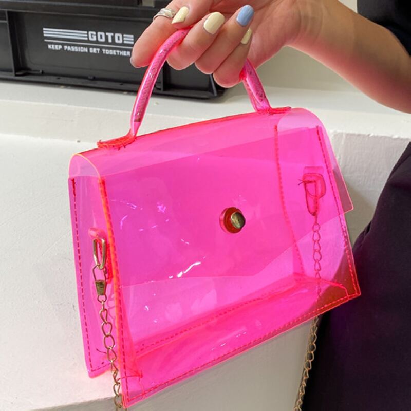 

Transparent Top Handle Chain Bag, Pink