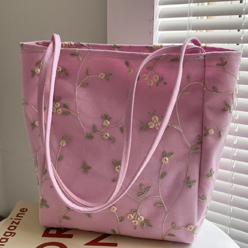 

Floral Embroidery Tote Bag, Pink