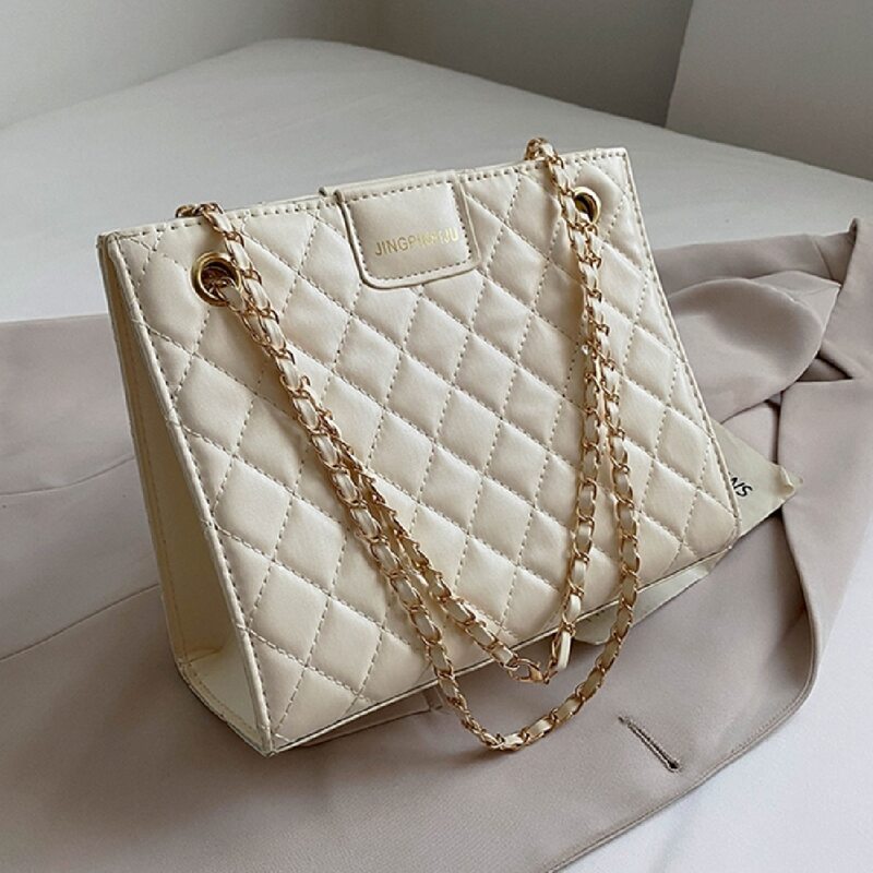 

Minimalist Quilted Chain Shoulder Bag, Beige