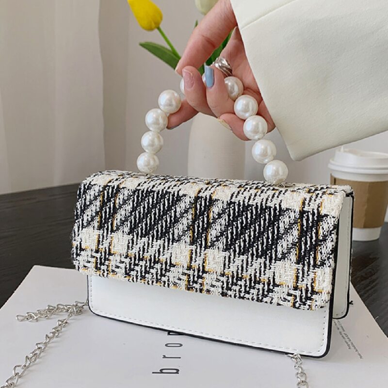 

Plaid Pattern Faux Pearl Decor Chain Satchel Bag, Black and white