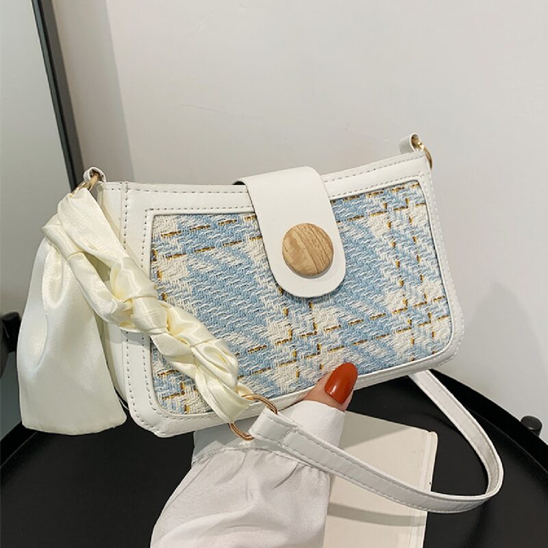 

Plaid Pattern Button Decor Shoulder Bag, White