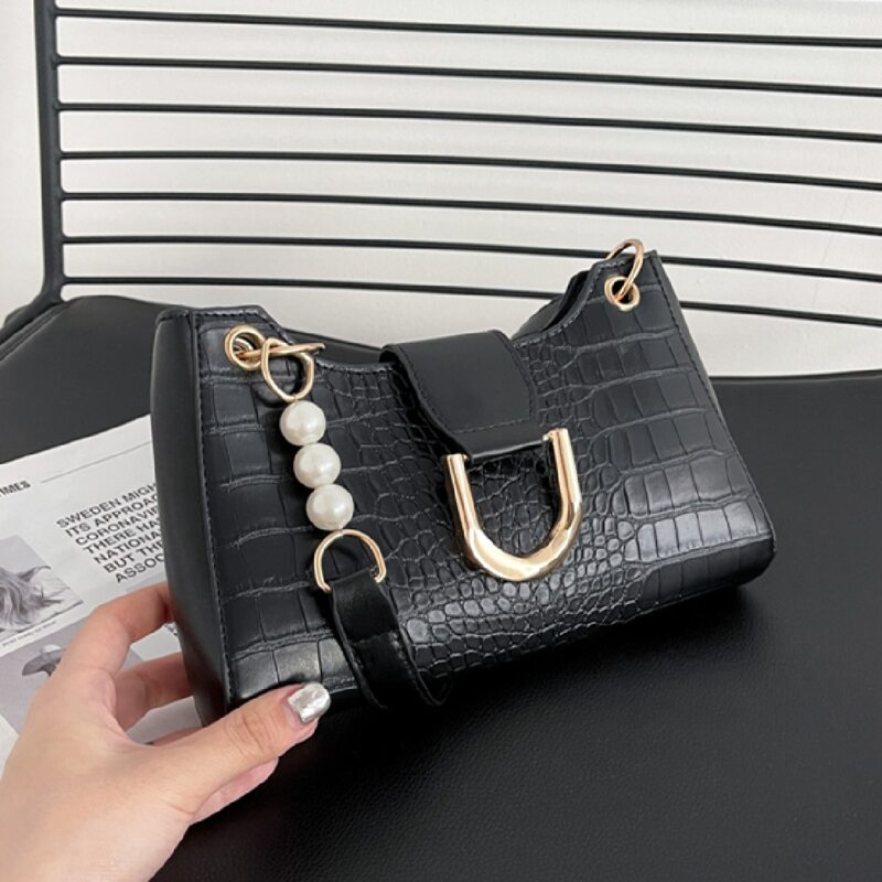 

Minimalist Croc Embossed Faux Pearl Decor Shoulder Bag, Black