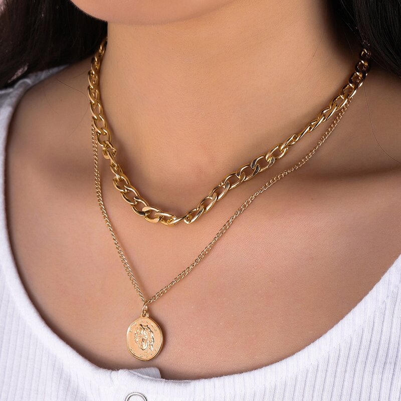 

Figure Engraved Layered Chain Necklace, Gold