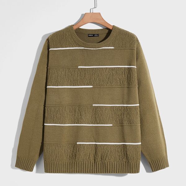 

Men Stripe Pattern Round Neck Sweater, Khaki