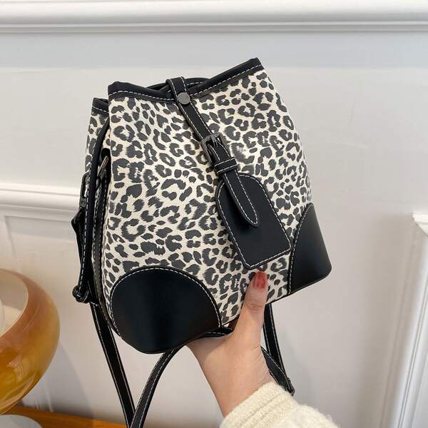 

Panel Design Leopard Pattern Bucket Bag, Black