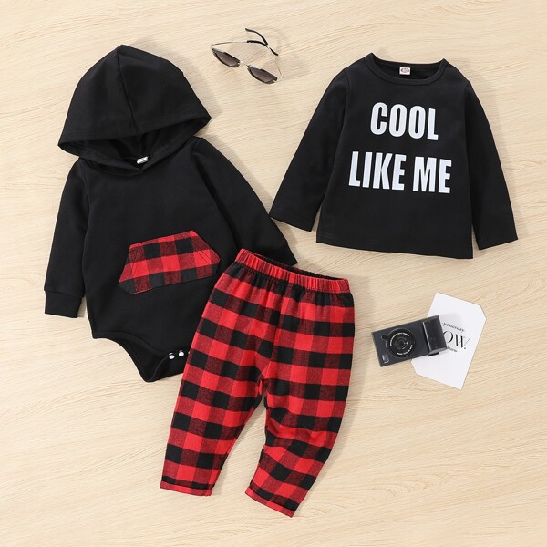 

Baby Buffalo Plaid Panel Hooded Bodysuit & Slogan Graphic Top & Pants, Multicolor