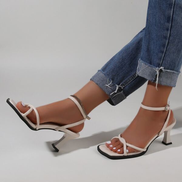 

Buckle Detail Heeled Ankle Strap Sandals, Beige