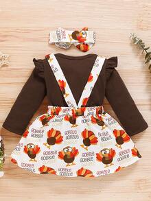 Baby Cartoon Graphic Ruffle Trim Bodysuit & Suspender Skirt & Headband - Multicolor - View 2