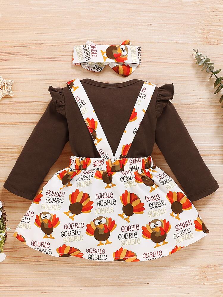 Baby Cartoon Graphic Ruffle Trim Bodysuit & Suspender Skirt & Headband