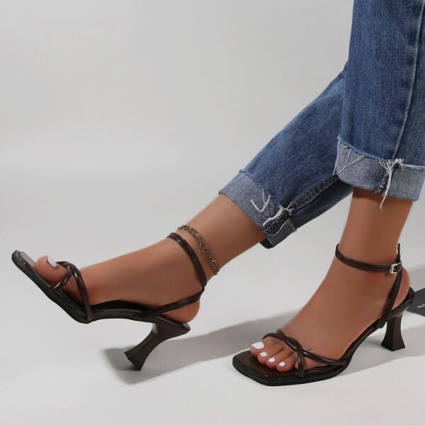 

Buckle Detail Heeled Ankle Strap Sandals, Brown