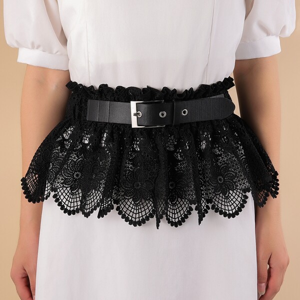 

Square Buckle Lace Corset Belt, Black