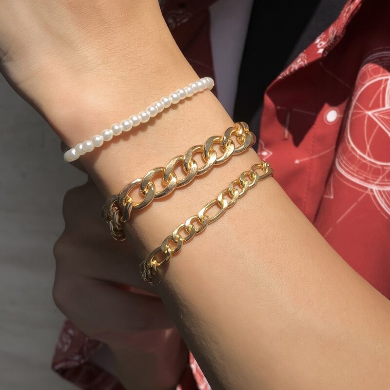 

Guys 3pcs Faux Pearl Beaded Bracelet, Gold