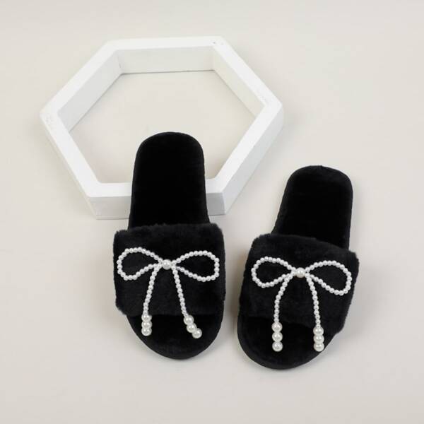 

Fluffy Faux Pearl Decor Slides, Black