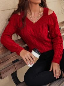 EMERY ROSE Cable Knit V Neck Cutout Sweater For New Year Clothes,Long Sleeve Tops Knit Pullover Fall Winter Outfit - Red - View 1