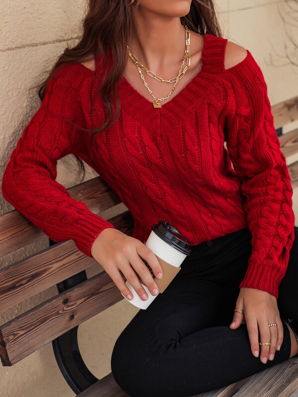 EMERY ROSE 新年服装、长袖上衣的粗针织 V 领镂空毛衣