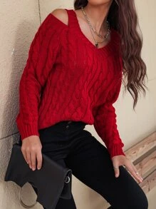 EMERY ROSE Cable Knit V Neck Cutout Sweater For New Year Clothes,Long Sleeve Tops Knit Pullover Fall Winter Outfit - Red - View 3