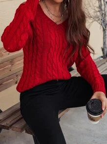 EMERY ROSE Cable Knit V Neck Cutout Sweater For New Year Clothes,Long Sleeve Tops Knit Pullover Fall Winter Outfit - Red - View 4