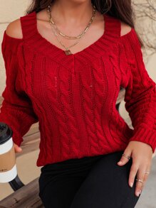 EMERY ROSE Cable Knit V Neck Cutout Sweater For New Year Clothes,Long Sleeve Tops Knit Pullover Fall Winter Outfit - Red - View 5
