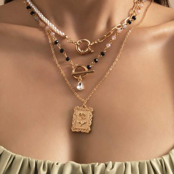

3pcs Faux Pearl Decor Necklace, Gold