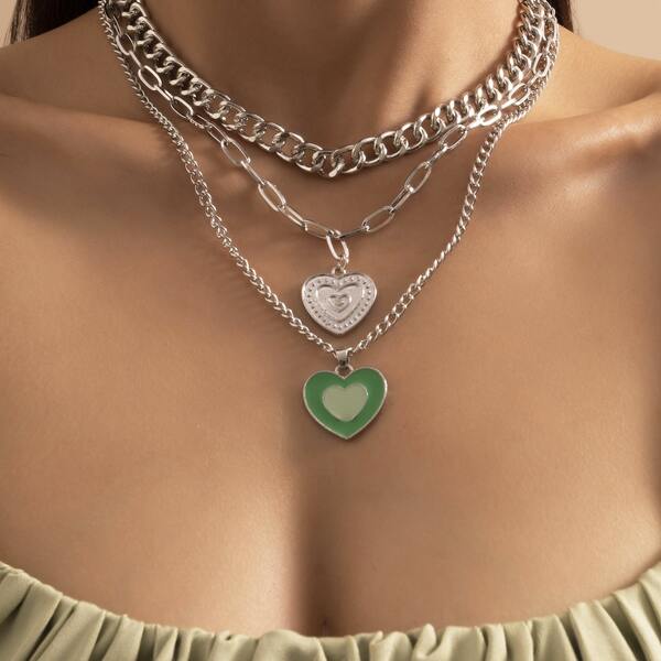 

3pcs Heart Charm Necklace, Silver
