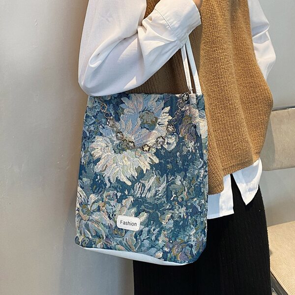 

Chain Decor Floral Pattern Bucket Bag, Blue