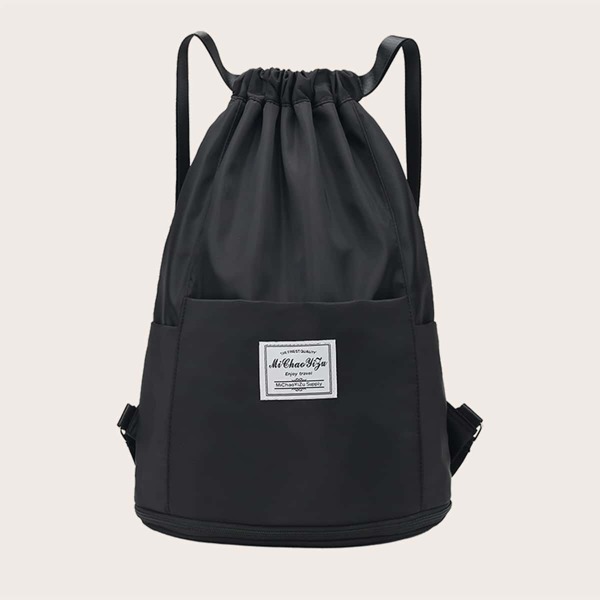 

Letter Patch Drawstring Backpack, Black