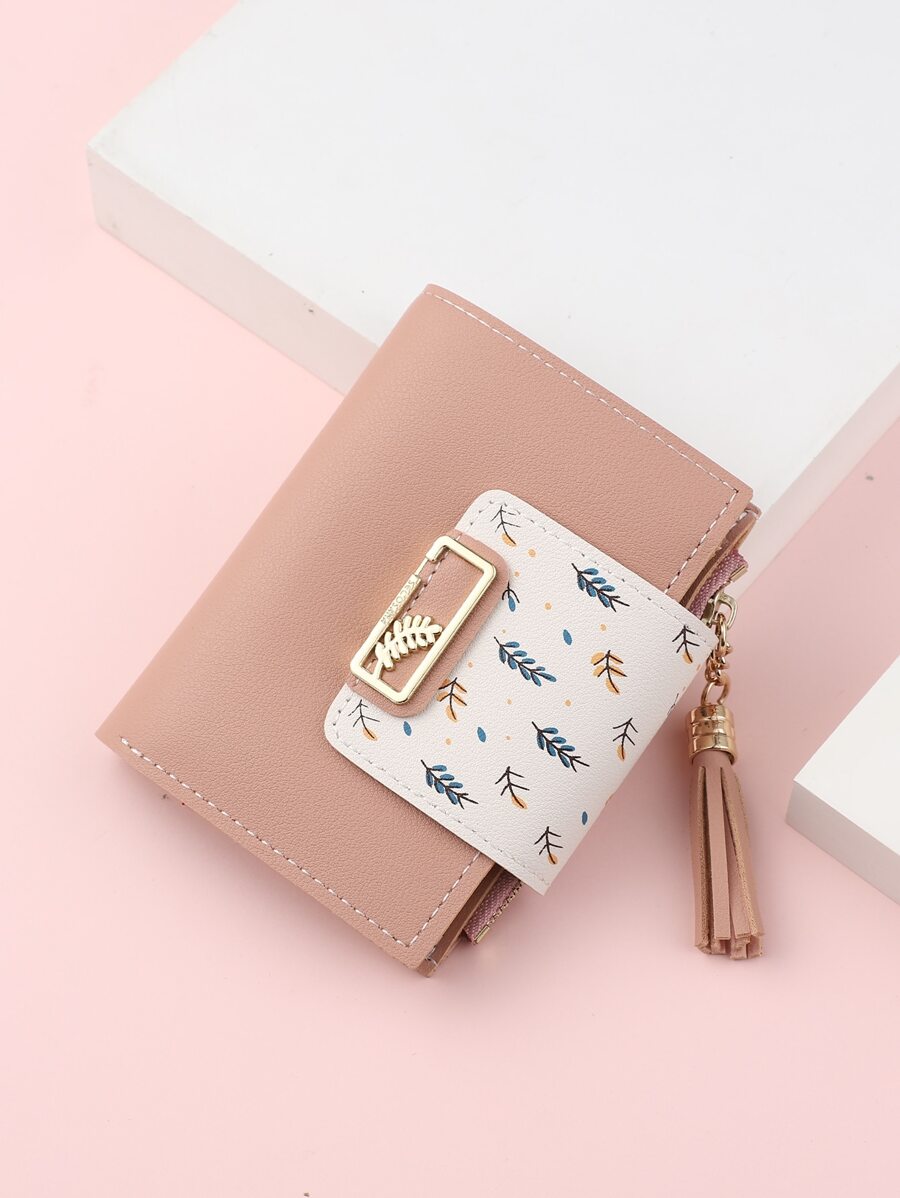 Tassel Decor Leaf Graphic Purse Slim Lightweight Portable Cash Money ID Card Credit Card Slot Coin Pocket Short Wallet Small Pouch Small Purse Pocket Wallet For Birthday Gift Anniversary On Valentine Day Couple Female Lady Girls Women School Student For College Student Teenagers Gift Hot Pink Purse - Pink - View 1