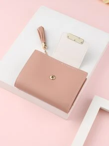 Tassel Decor Leaf Graphic Purse Slim Lightweight Portable Cash Money ID Card Credit Card Slot Coin Pocket Short Wallet Small Pouch Small Purse Pocket Wallet For Birthday Gift Anniversary On Valentine Day Couple Female Lady Girls Women School Student For College Student Teenagers Gift Hot Pink Purse - Pink - View 3