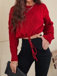 EMERY ROSE Cable Knit Drawstring Detail Jumper - Burgundy - View 3