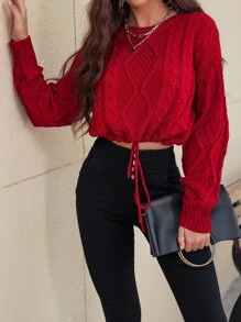 EMERY ROSE Cable Knit Drawstring Detail Jumper - Burgundy - View 5