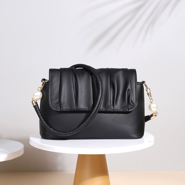 

Minimalist Ruched Flap Shoulder Bag, Black