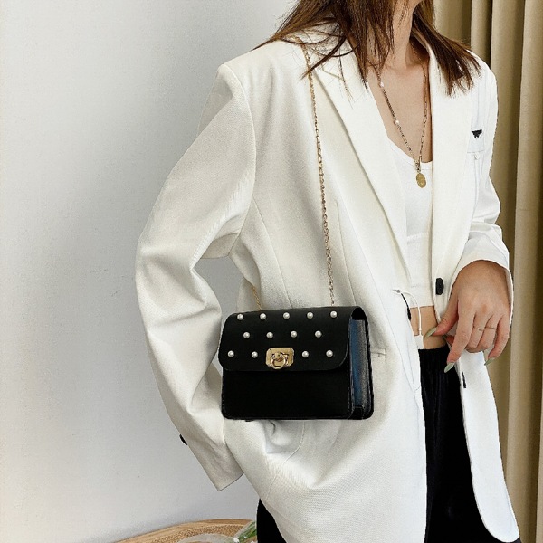 

Studded Decor Flap Chain Square Bag, Black
