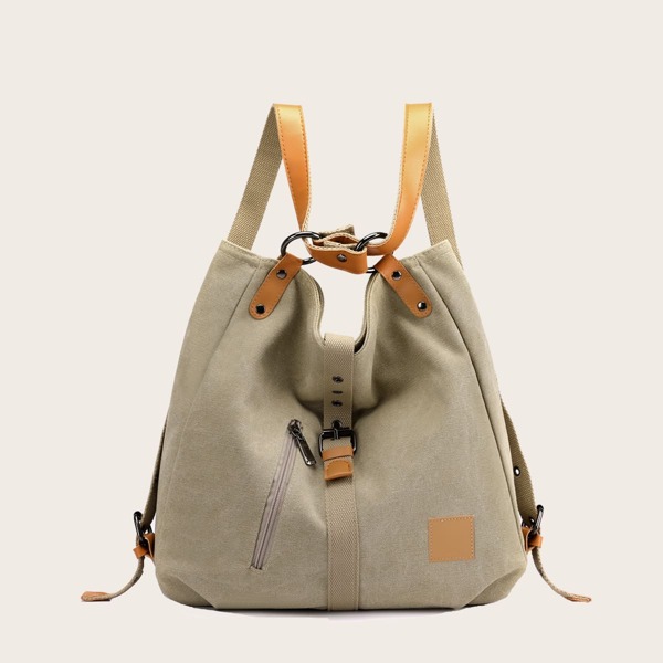 

Zip Front Buckle Detail Shoulder Tote Bag, Khaki