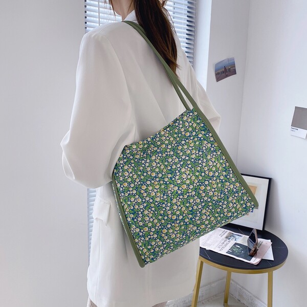 

Floral Graphic Shoulder Tote Bag, Green