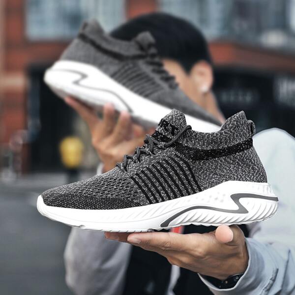 

Men Knit Detail Lace-up Front Running Shoes, Dark grey