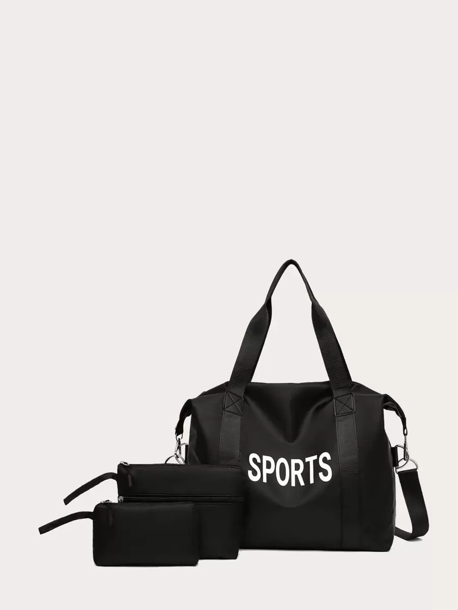 3pcs Letter Graphic Shoulder Tote Bag - Black - View 1