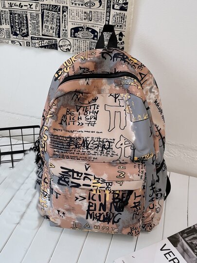 One Color-Block Cartoon Graffiti Laptop Bag/IPad Case With Large Capacity, Multiple Pockets & Compartments, Zipper, Handle, Shoulder Strap, Suitable For Women, Young Girls, Students, Daily Commute Perfect For Back To School, First Day Of School, College, Middle School, High School, School Supplies, Backpack For School, Back To School Bags, Waterproof, Classic Casual