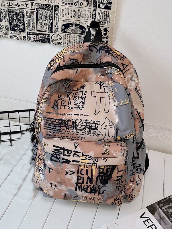 One Color-Block Cartoon Graffiti Laptop Bag/IPad Case With Large Capacity, Multiple Pockets & Compartments, Zipper, Handle, Shoulder Strap, Suitable For Women, Young Girls, Students, Daily Commute Perfect For Back To School, First Day Of School, College, Middle School, High School, School Supplies, Backpack For School, Back To School Bags, Waterproof, Classic Casual