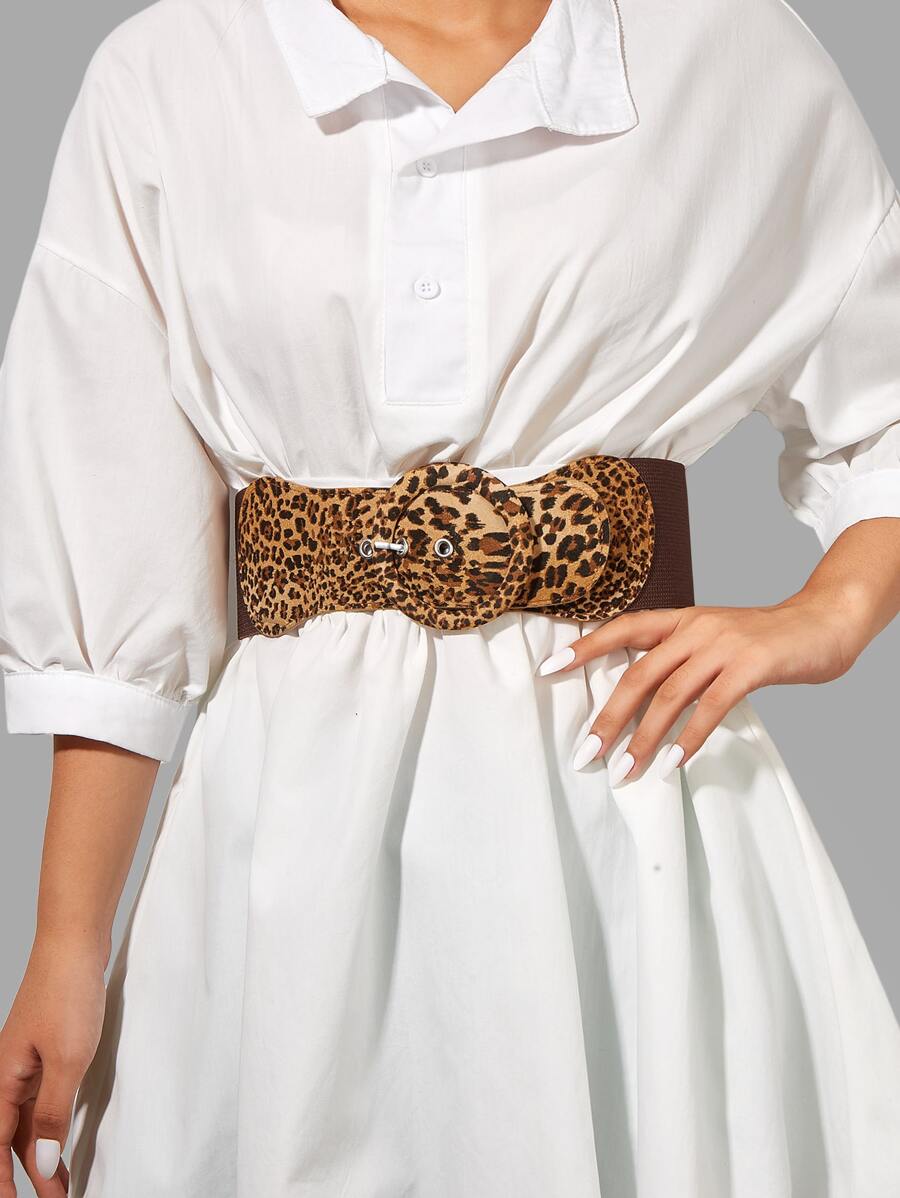 Round Buckle Leopard Print Corset Belt - Coffee Brown - View 1