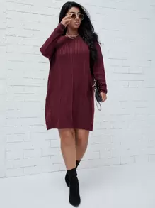 SHEIN LUNE Plus Drop Shoulder Sweater Dress, Winter - Burgundy - View 3
