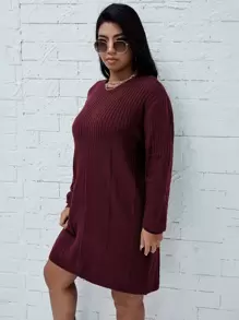 SHEIN LUNE Plus Drop Shoulder Sweater Dress, Winter - Burgundy - View 4