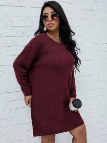 SHEIN LUNE Plus Drop Shoulder Sweater Dress, Winter - Burgundy - View 5