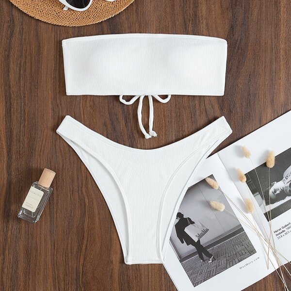 

Plain Lace Up Bandeau Bikini Swimsuit, White