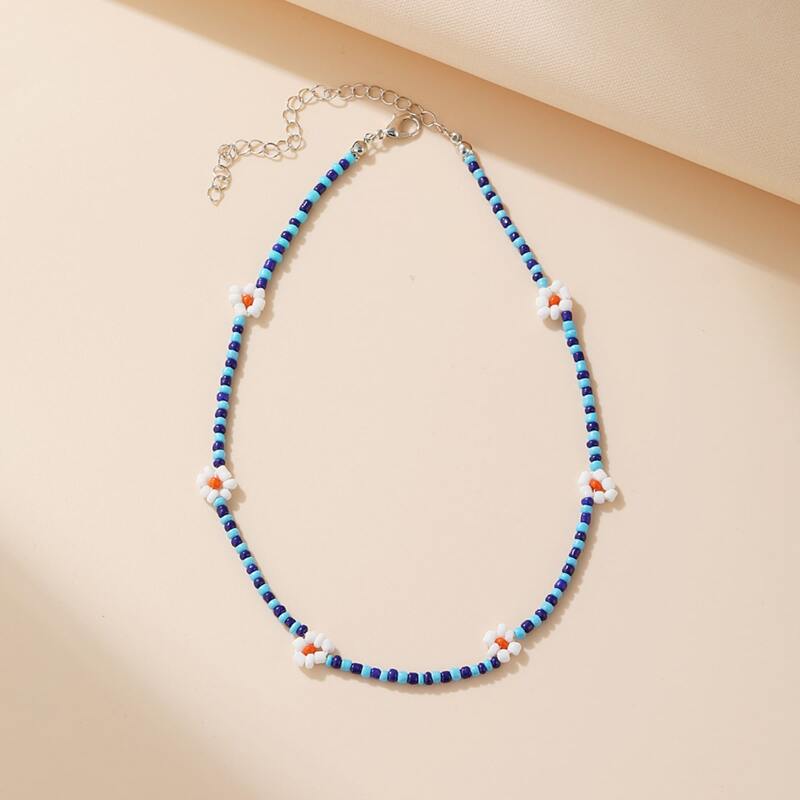 

Flower Beaded Necklace, Blue