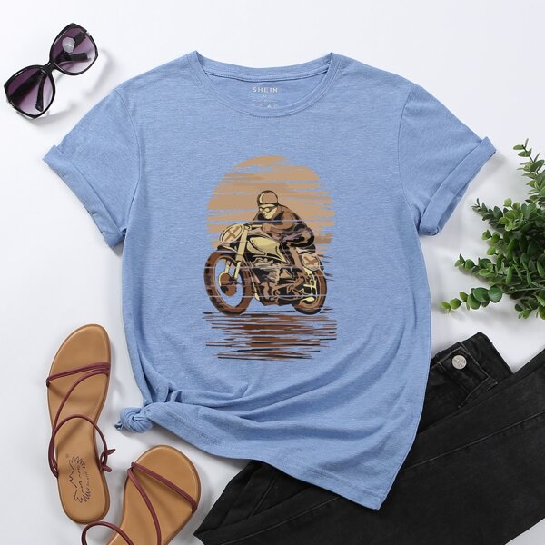 

Motorcycle & Figure Graphic Tee, Blue