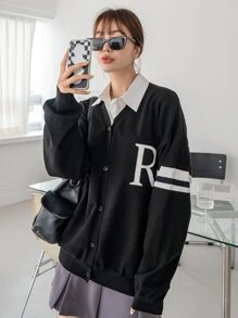 DAZY Letter & Striped Pattern Drop Shoulder Cardigan - Black - View 1