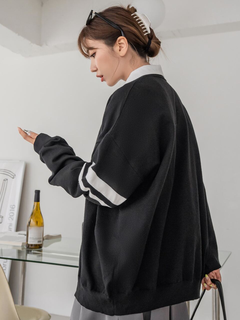 Letter & Striped Pattern Drop Shoulder Cardigan