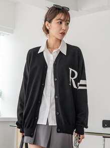 DAZY Letter & Striped Pattern Drop Shoulder Cardigan - Black - View 3