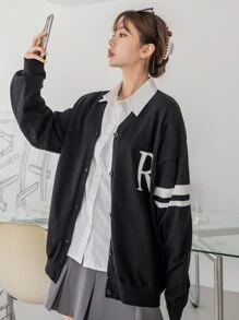 DAZY Letter & Striped Pattern Drop Shoulder Cardigan - Black - View 4